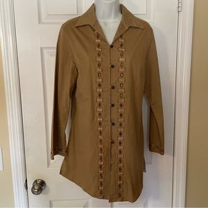 Stones Womens Button Front Dress Tunic Size L Brown Embellished Front and Sleeve